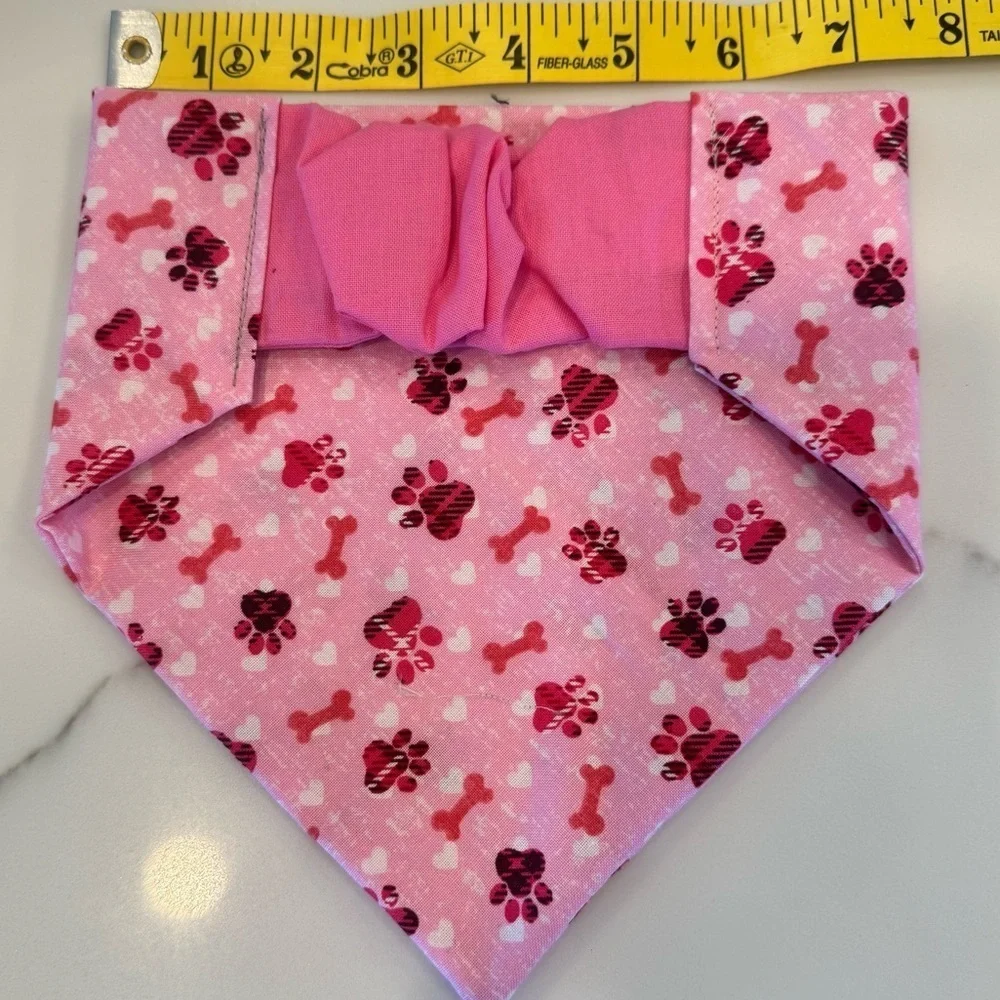 Handmade Pink Dog Bandana with Scrunchi Paw Print Design